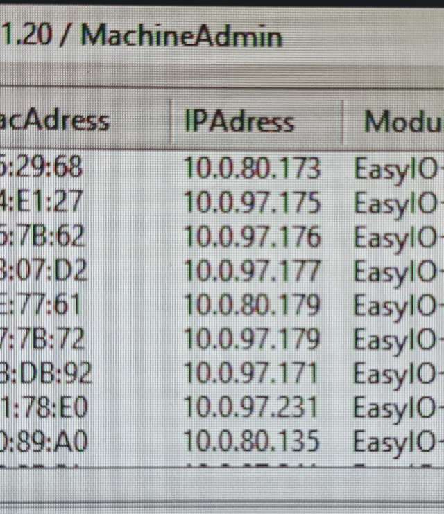 EasyIO input output and machine data listed on a screen