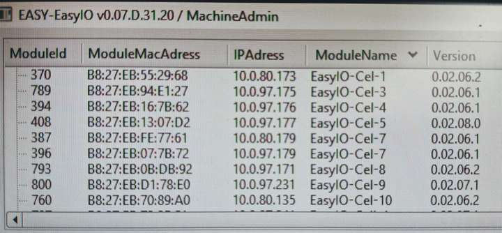 EasyIO input output and machine data listed on a screen